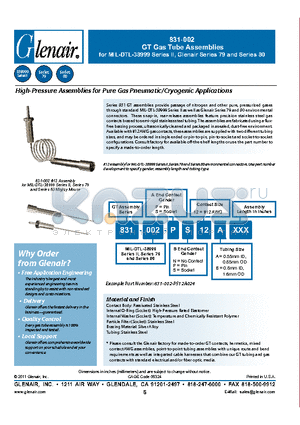 831-002 datasheet - GT Gas Tube Assemblies for MIL-DTL-38999 Series II, Glenair Series 79 and Series 80