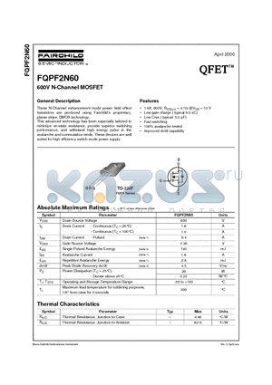 FQPF2N60 datasheet - 600V N-Channel MOSFET