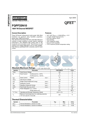 FQPF33N10 datasheet - 100V N-Channel MOSFET