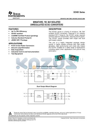 DCH010505D datasheet - MINIATURE, 1W, 3kV ISOLATED UNREGULATED DC/DC CONVERTERS
