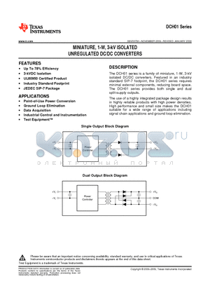DCH010505D datasheet - MINIATURE, 1-W, 3-kV ISOLATED UNREGULATED DC/DC CONVERTERS