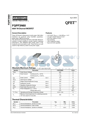 FQPF3N60 datasheet - 600V N-Channel MOSFET