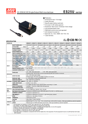 ES25U07-075 datasheet - 20~25WAC-DC Single Output Wall-mounted type