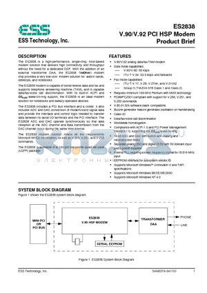 ES2838 datasheet - V.90/V.92 PCI HSP Modem Product Brief