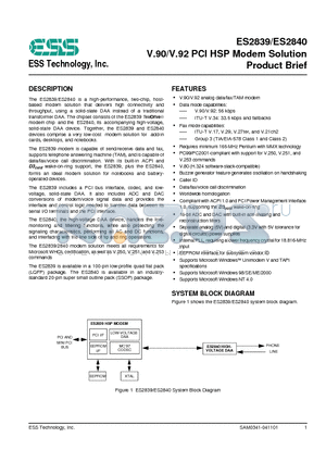 ES2839 datasheet - V.90/V.92 PCI HSP Modem Solution