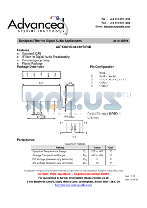 ACTX3077D/38.912/SIP5D datasheet - Bandpass Filter for Digital Audio Applications