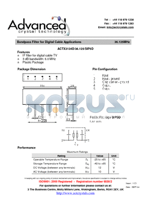 ACTX3134D datasheet - Bandpass Filter for Digital Cable Applications