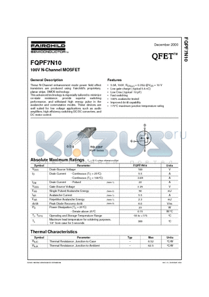 FQPF7N10 datasheet - 100V N-Channel MOSFET