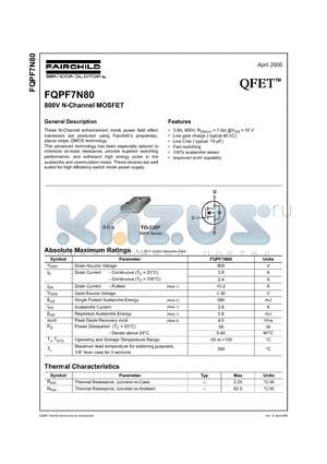 FQPF7N80 datasheet - 800V N-Channel MOSFET