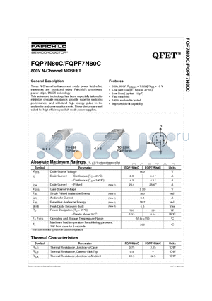 FQPF7N80C datasheet - 800V N-Channel MOSFET