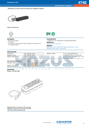 4748 datasheet - Distribution Unit with Power Cord and 4 IEC Appliance Outlets F
