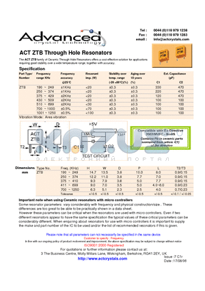 ACTZTB datasheet - Through Hole Resonators