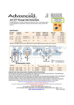 ACTZTT datasheet - Through Hole Resonators