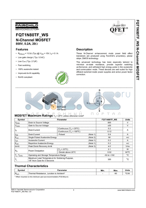 FQT1N80TF datasheet - N-Channel MOSFET 800V, 0.2A, 20