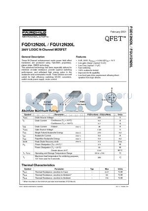 FQU12N20 datasheet - 200V LOGIC N-Channel MOSFET
