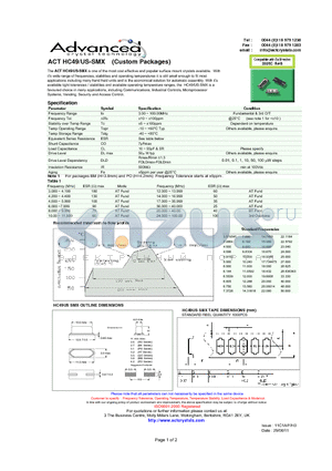 ACT_HC49_US_SMX_CUSTOM datasheet - one of the most cost effective and popular surface mount crystals available.