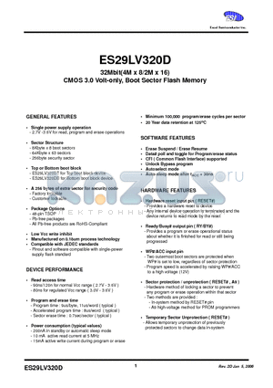 ES29DL800D-70WCI datasheet - 32Mbit(4M x 8/2M x 16) CMOS 3.0 Volt-only, Boot Sector Flash Memory