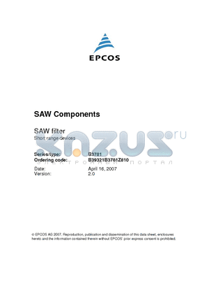 B3781 datasheet - SAW filter Short range devices