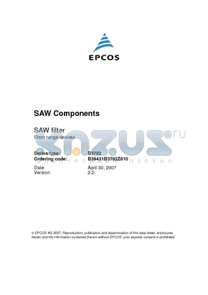 B3782 datasheet - SAW filter Short range devices