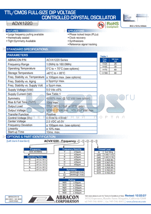 ACVX1220L datasheet - TTL/CMOS 3.3Vdc VOLTAGE CONTROLLED CRYSTAL OSCILLATOR
