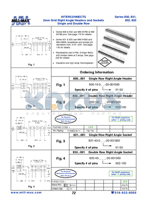 833-43-100-20-001000 datasheet - INTERCONNECTS 2mm Grid Right Angle Headers and Sockets Single and Double Row