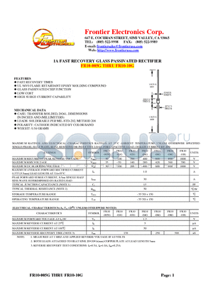FR10-01G datasheet - 1A FAST RECOVERY GLASS PASSIVATED RECTIFIER