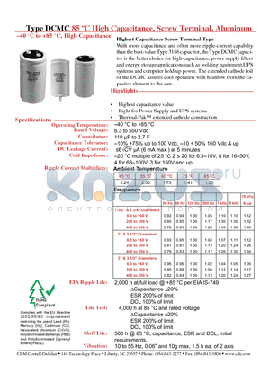 DCMC164U016CH2B datasheet - 85 C High Capacitance, Screw Terminal, Aluminum