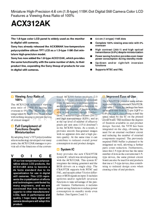 ACX312 datasheet - Miniature High-Precision 4.6 cm (1.8-type) 118K-Dot Digital Still Camera Color LCD Features a Viewing Area Ratio of 100%