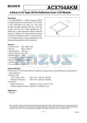 ACX704 datasheet - 9.60cm (3.78 Type) QVGA Reflective Color LCD Module