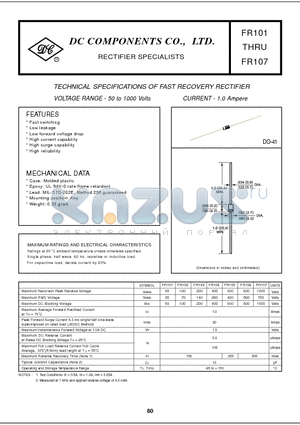FR101 datasheet - TECHNICAL SPECIFICATIONS OF FAST RECOVERY RECTIFIER