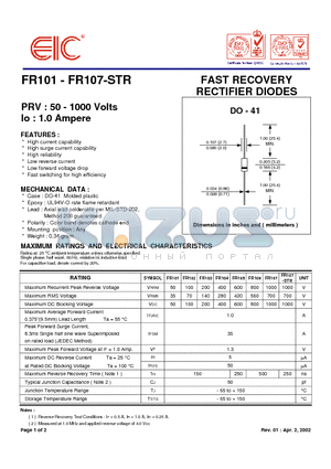 FR101 datasheet - FAST RECOVERY RECTIFIER DIODES