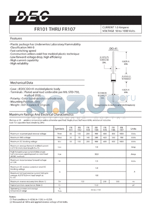 FR101 datasheet - CURRENT 1.0 Ampere VOLTAGE 50 to 1000 Volts