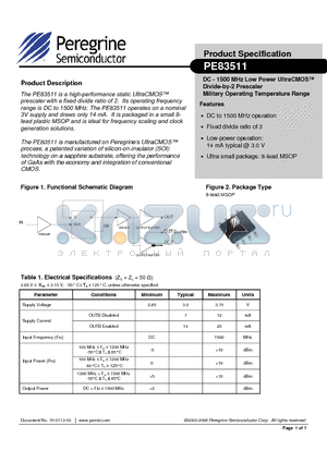 83511-01 datasheet - DC - 1500 MHz Low Power UltraCMOS Divide-by-2 Prescaler Military Operating Temperature Range