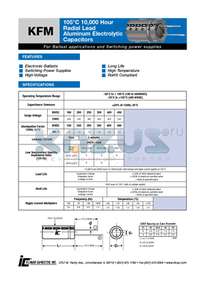 476KFM400MRV datasheet - 105`C 10,000 Hour Radial Lead Aluminum Electrolytic Capacitors