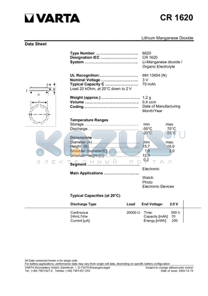 CR1620 datasheet - Lithium Manganese Dioxide