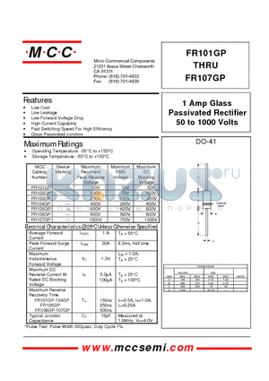 FR101GP datasheet - 1 Amp Glass Passivated Rectifier 50 to 1000 Volts