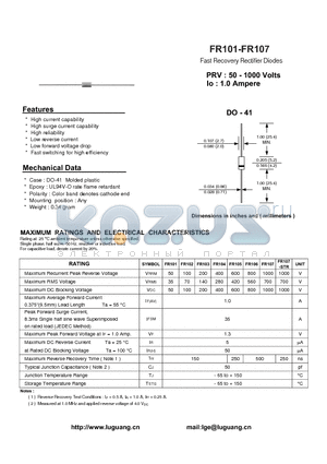 FR102 datasheet - Fast Recovery Rectifier Diodes