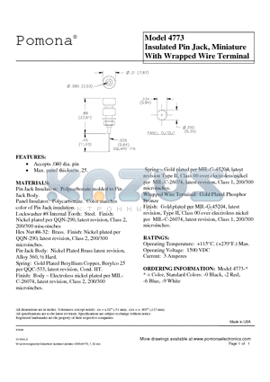 4773-0 datasheet - Insulated Pin Jack, Miniature With Wrapped Wire Terminal