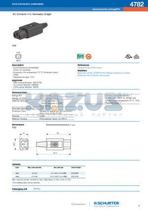 4782 datasheet - IEC Connector C13, Rewireable, Straight