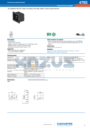 4793 datasheet - IEC Appliance Inlet C20, Snap-in Mounting, Front Side, Solder or Quick-connect Terminal