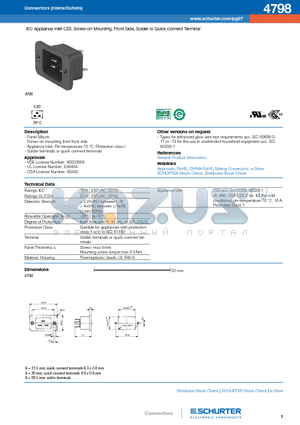 4798.9200 datasheet - IEC Appliance Inlet C20, Screw-on Mounting, Front Side, Solder or Quick-connect Terminal
