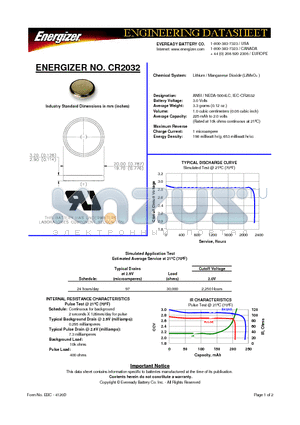 CR2032 datasheet - Lithium / Manganese Dioxide (Li/MnO2 )