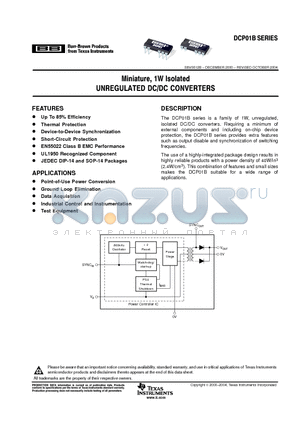 DCP010505DB datasheet - Miniature, 1W Isolated UNREGULATED DC/DC CONVERTERS