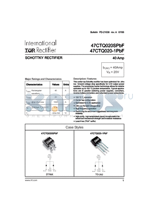 47CTQ020-1PBF datasheet - SCHOTTKY RECTIFIER 40 Amp