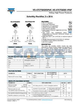 47CTQ020-1PBF datasheet - Schottky Rectifier, 2 x 20 A