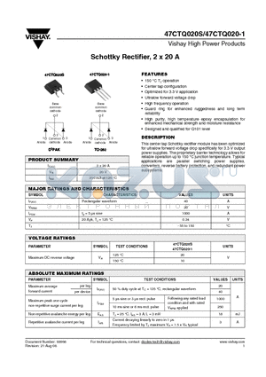 47CTQ020-1TRR datasheet - Schottky Rectifier, 2 x 20 A