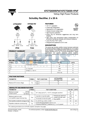 47CTQ020-1TRRPBF datasheet - Schottky Rectifier, 2 x 20 A