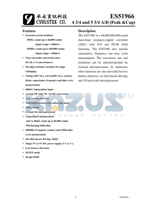 ES51966Q datasheet - 44,000/440,000-COUNT DUAL-SLOPE ANALOG-TO-DIGITAL CONVERTER(ADC) WITH X10 AND PEAK HOLD FUNCTIONS