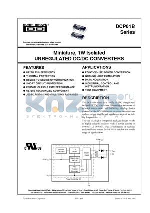 DCP010515DBP-U/700 datasheet - Miniature, 1W Isolated UNREGULATED DC/DC CONVERTERS