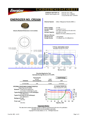 CR2320 datasheet - 3.0 Volts 3.3 grams (0.10 oz.) 0.83 cubic centimeters (0.05 cubic inch)